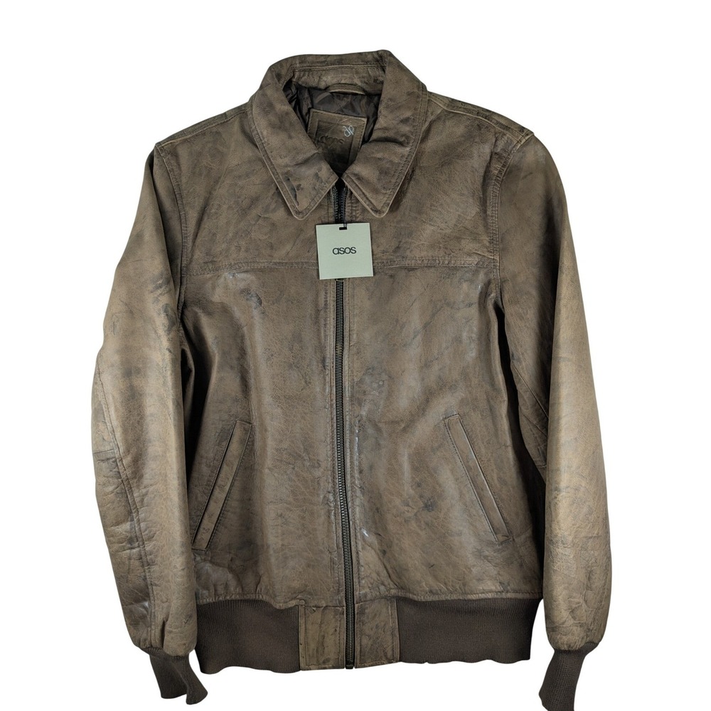 NWT ASOS Faux Leather Bomber Jacket Mens Sz M Brown Distressed Zip Long Sleeve‎